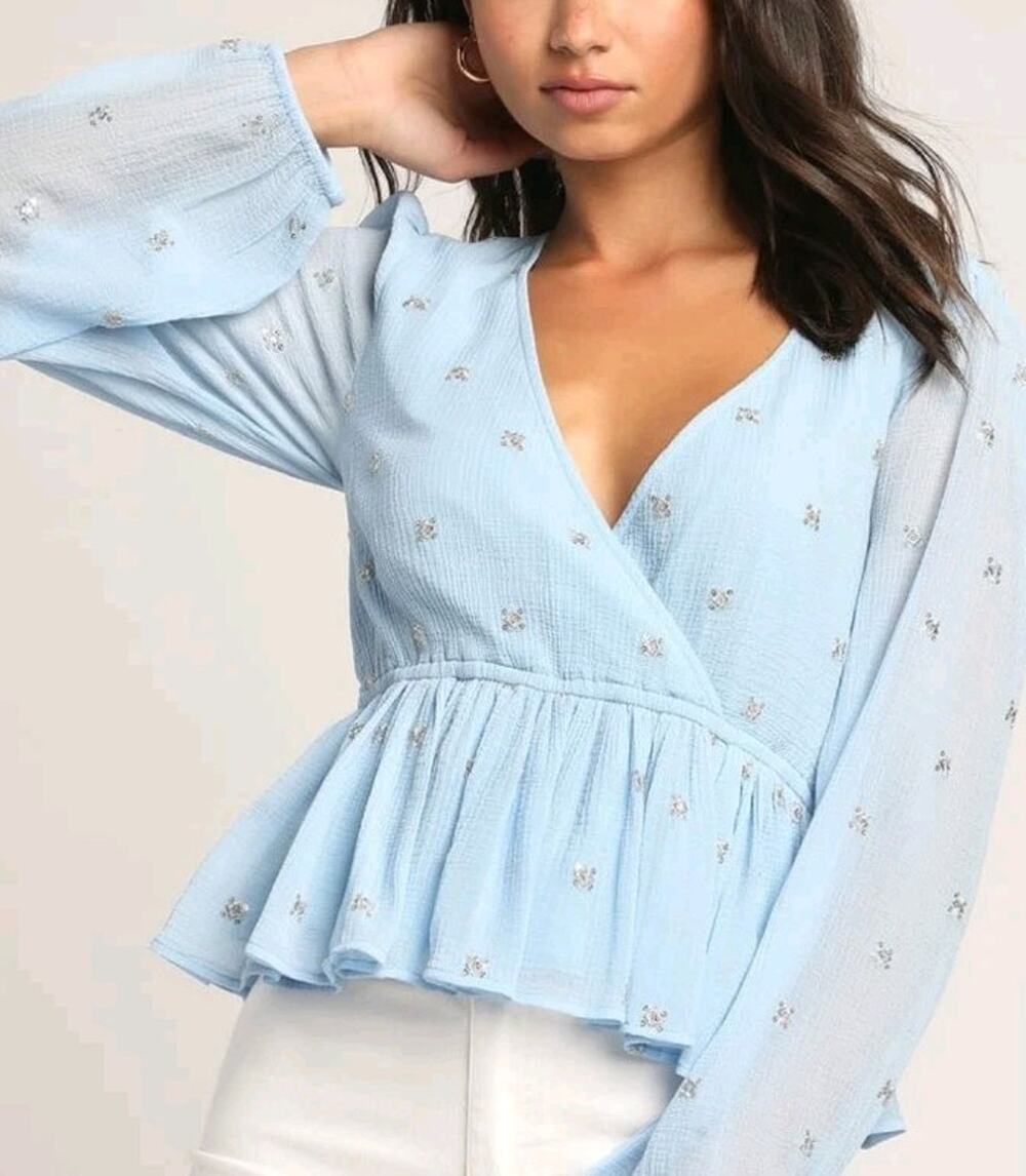 Lulus Caught Your Eye Light Blue Embroidered Long Sleeve Top Sz XS Blue Gauzy